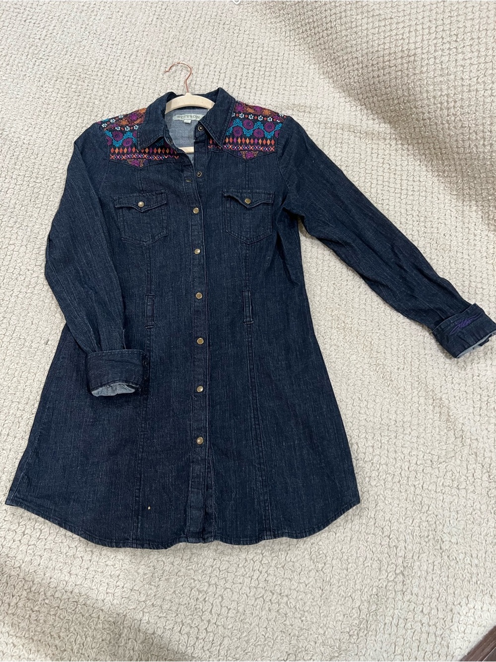 Dark Denim Stetson Button-Up Dress with Colorful Embroidered Yoke